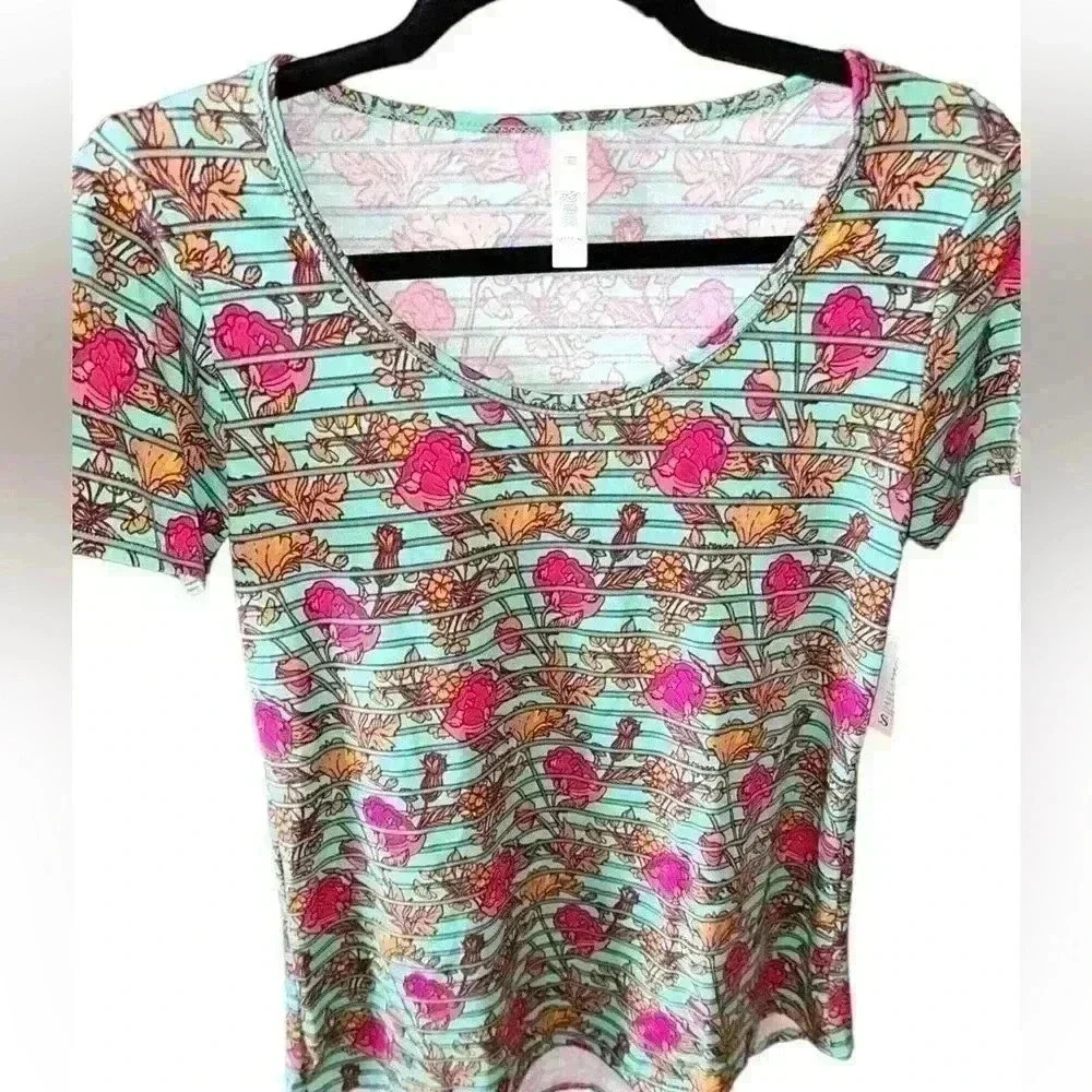 Lularoe XXS aqua floral with stripe Classic‎ Y. NWT. Great T for Summer!